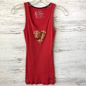 *3/$20* GUESS Y2K Sequin Sparkle Heart Ribbed Fitted Tank S Red